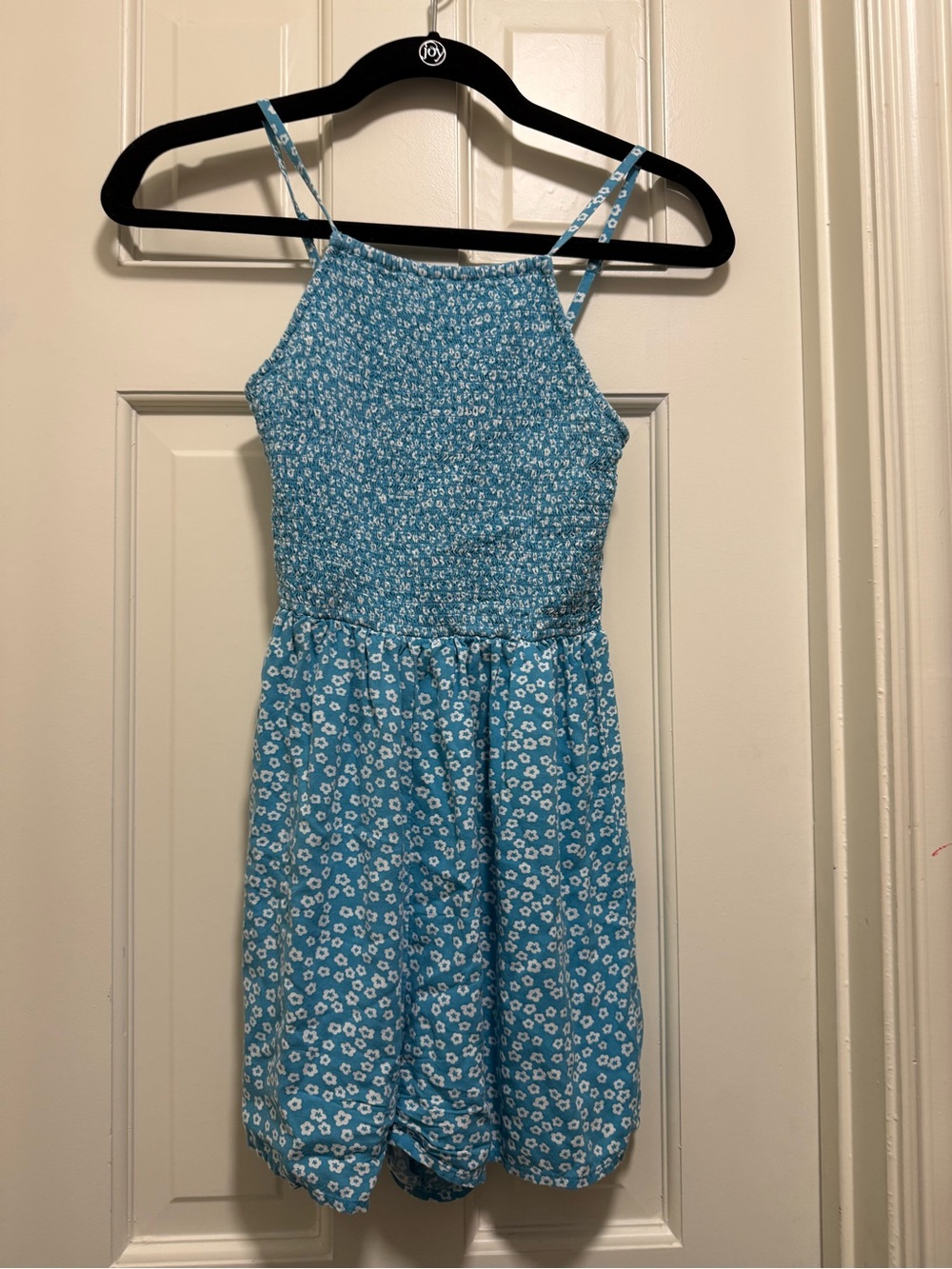 Blue Floral Smocked Romper with Spaghetti Straps